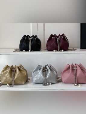 Woven Drawstring Bucket Bag with Silver Chain and Pearl Accents